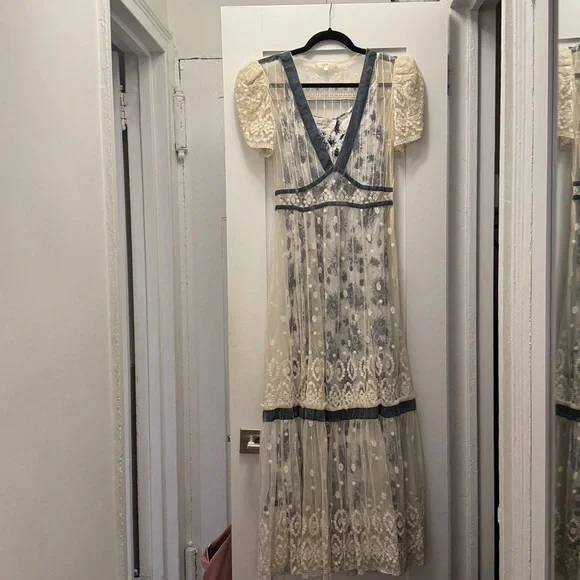 LoveShackFancy Floral Lace Gown with Blue Accents Slip - Picture 1 of 5